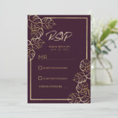 ボルドー深いリッチ赤金ゴールドフローラ結婚式RSVP 招待状 (スタンド正面)