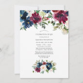 ボルド&ネイビー水彩色フローラお祝いオブ・ライフ 招待状 (正面)