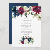 ボルド&ネイビー水彩色フローラお祝いオブ・ライフ 招待状 (正面/裏面)