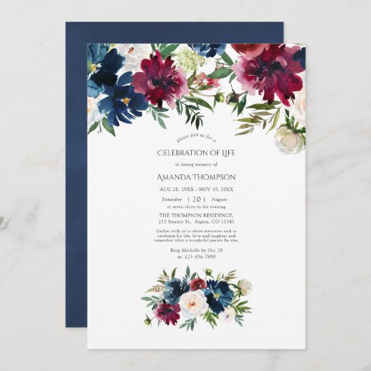 ボルド&ネイビー水彩色フローラお祝いオブ・ライフ 招待状 (正面/裏面)