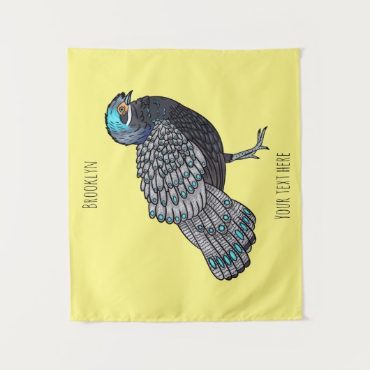 ボルネアンクジャク – キジ鳥の漫画イラストレーション タペストリー (正面)