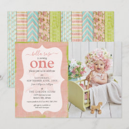 ボロアパート ピンクのバラの赤ちゃん女の子の誕生日写真 招待状