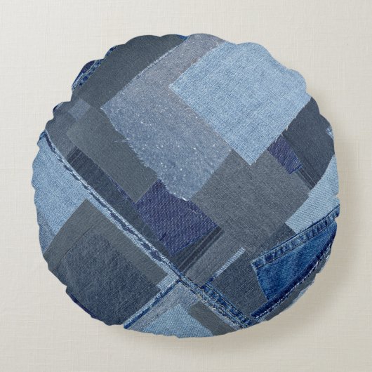 ボロボローブルージャンパッチワークデニムしぼり ラウンドクッション (正面)