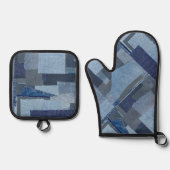 ボロボローブルージャンパッチワークデニムしぼり 鍋つかみ&鍋敷きセット (正面)