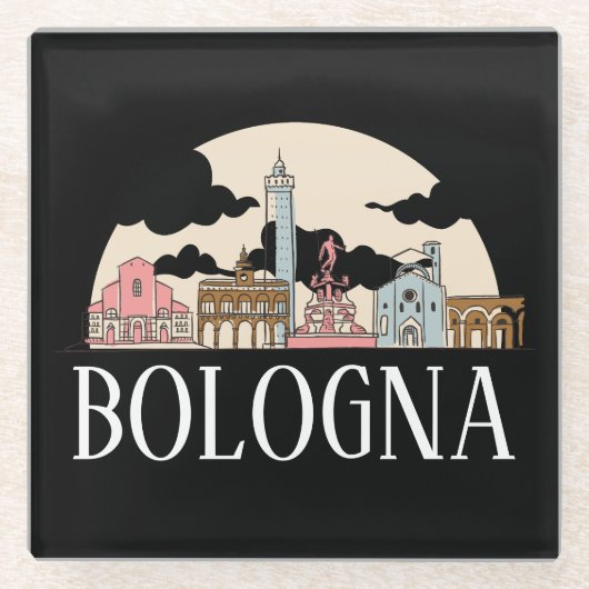 ボローニャイタリアシティシルエットヴィンテージトラベル ガラスコースター (正面)