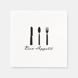 ボンアッペティットブラックホワイトフォーク、ナイフとスプーン スタンダードカクテルナプキン