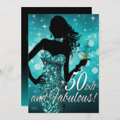ボンシェルグリッタースパークル50シッシュ誕生日 |ティール(緑がかった色) 招待状 (正面/裏面)