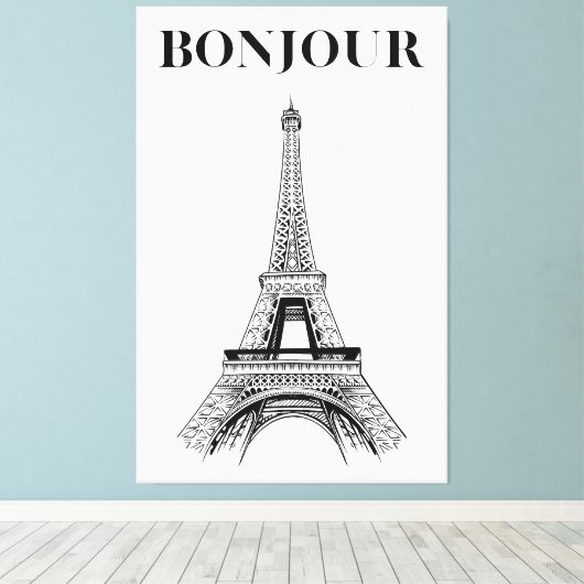 ボンジュールエッフェルタワー – パリのシックなストレッチ キャンバスプリント (インサイチュ (ウッドフロア))