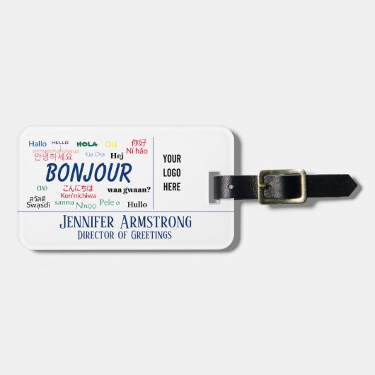 ボンジュールハローワールドトラベル言語カラフル名 ラゲッジタグ (正面横)
