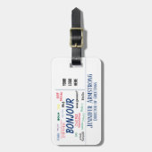 ボンジュールハローワールドトラベル言語カラフル名 ラゲッジタグ (正面縦)