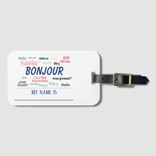 ボンジュールハローワールドトラベル言語カラフル名 ラゲッジタグ (正面横)