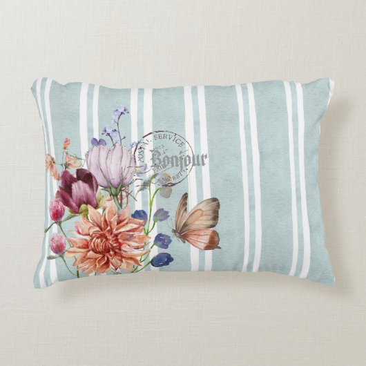 ボンジュールフランスの装飾ストライプフローラリラックス アクセントクッション (正面)