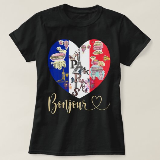 ボンジュールフランスI愛パリフランスの国旗ハートフレン Tシャツ (デザイン正面)