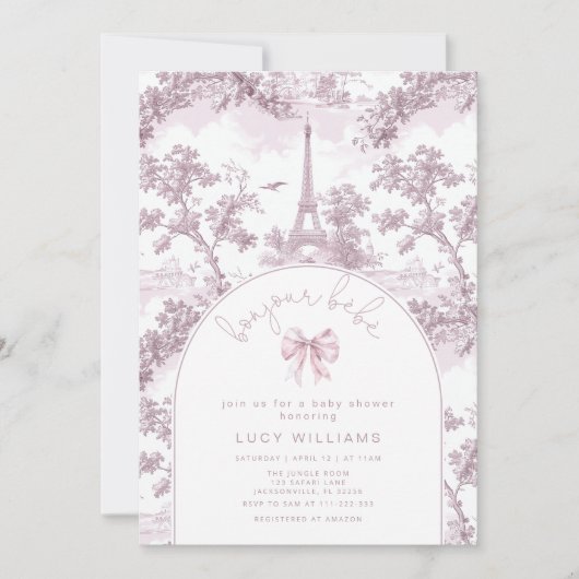 ボンジュールベビートイルピンクボウフランスのベビーシャワー 招待状 (正面)