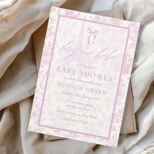 ボンジュールベピンクトイレガールフランスのベビーシャワー 招待状