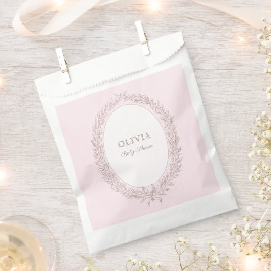 ボンジュールベフランスのパティスリー赤ちゃんシャワーピンク フェイバーバッグ (クリップ留めされた状態)