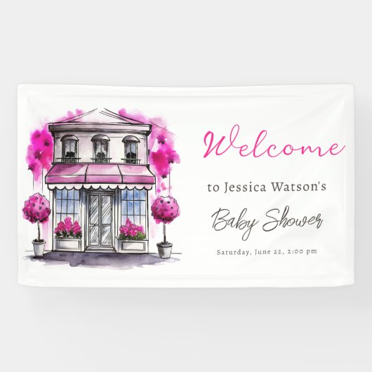 ボンジュールベフランスのパリピンクブラックベビーシャワー 横断幕 (横)