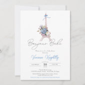 ボンジュールベフランスのパリブルーストライプベビーシャワー 招待状 (正面)