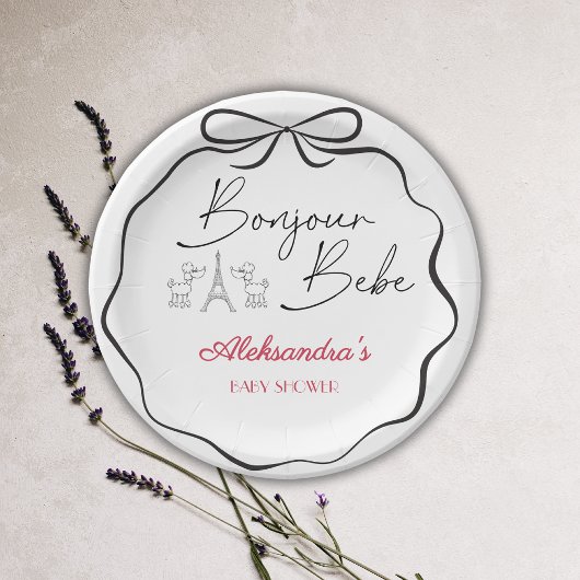 ボンジュールベフランスのブパリベビシャワーブラックピンク ペーパープレート