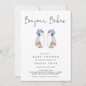 ボンジュールベフランスのブペンギン双生児シャワー 招待状 (正面)