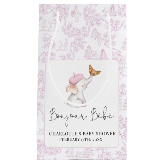 ボンジュールベフランスのブロマンチック女の子ベビシャワー スモールペーパーバッグ (正面)