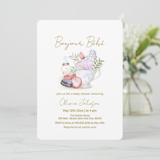 ボンジュールベフランスのベマカロンミルクティベイビーシャワー 招待状 (スタンド正面)