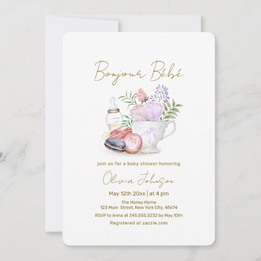 ボンジュールベフランスのベマカロンミルクティベイビーシャワー 招待状 (正面)