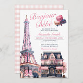 ボンジュールベフランスのーパリジャンカフェベビースシャワー 招待状 (正面/裏面)