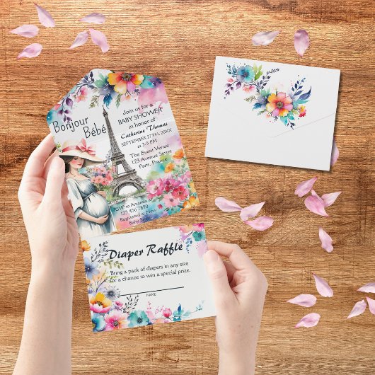 ボンジュールベフローラエッフェルタワーパリベビーシャワー オールインワン招待状