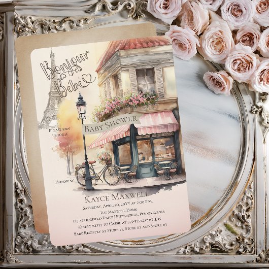 ボンジュールベブパリフランスフランスのカフェベビーシャワー 招待状