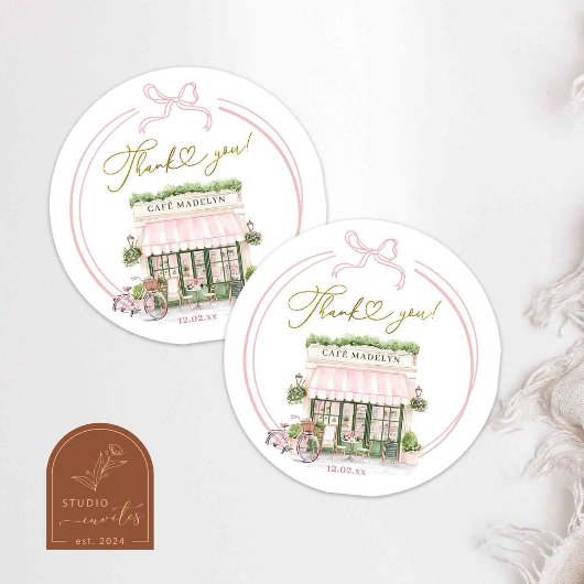 ボンジュールベベピンクパリジャンカフェサンキューステッカー ラウンドシール