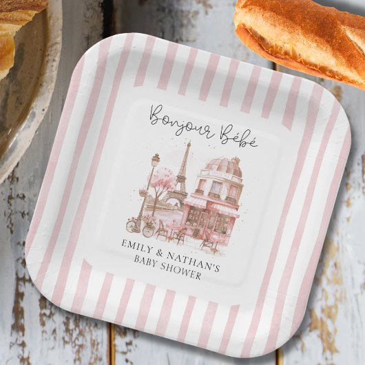 ボンジュールベベベベパリカフェスクリプトベビシャワー ペーパープレート