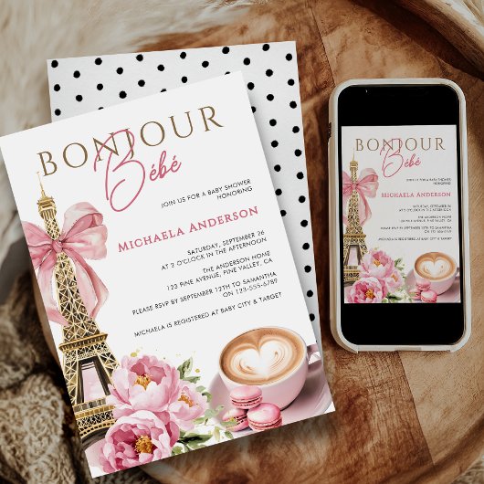 ボンジュールベベベーブウォーターカラーコケットボーベビーシャワー 招待状