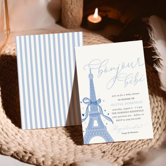 ボンジュールベベベーブブルーパリエッフェルタワーベビーシャワー 招待状