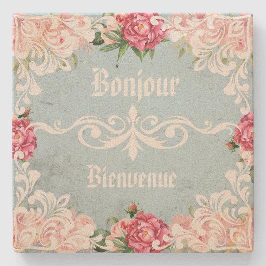 ボンジュールロマンチック装飾フローラフランスのヴィンテージ ストーンコースター (正面)