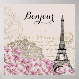 ボンジュールヴィンテージエッフェルタワーコラージュ ポスター