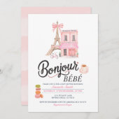 ボンジュール赤面フランスのピンクベビーシャワー招待状 招待状 (正面/裏面)