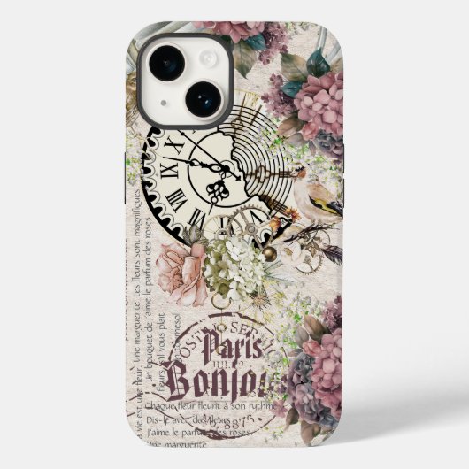 ボンジュール ボタニカル フランス アート かわいい鳥 グランジ Case-Mate iPhoneケース (裏面)
