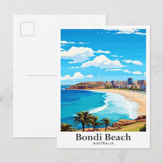 ボンディビーチオーストラリアヴィンテージトラベルイラストレーション ポストカード (正面/裏面)