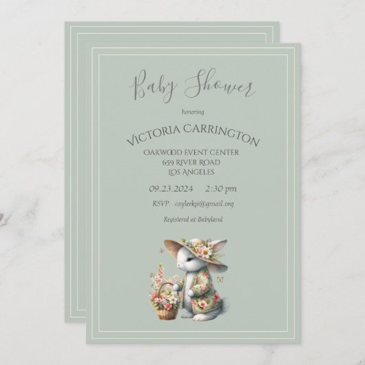 ボンネットに入ったバニーフローラガールベイビーシャワー 招待状 (正面/裏面)