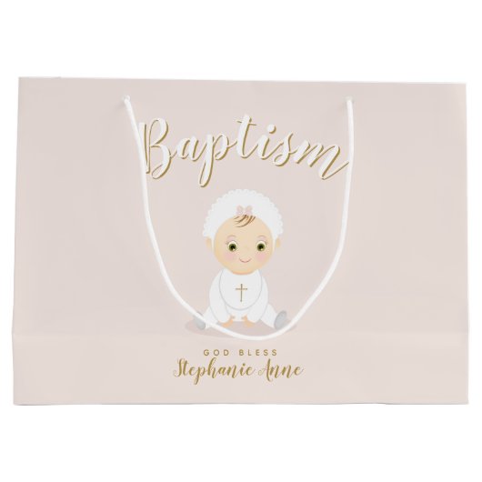 ボンネットを持つ洗礼の女の赤ちゃん ラージペーパーバッグ (裏面)