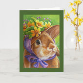 ボンネット水彩画の茶色の垂れ耳ウサギ カード (黄色い花)