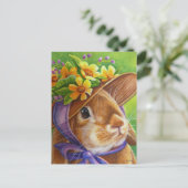 ボンネット水彩画の茶色の垂れ耳ウサギ ポストカード (スタンド正面)