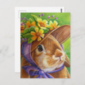 ボンネット水彩画の茶色の垂れ耳ウサギ ポストカード (正面/裏面)