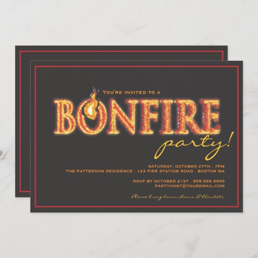 ボンファイアオンファイアキャンファイア炎パーティの招待状 招待状 (正面/裏面)
