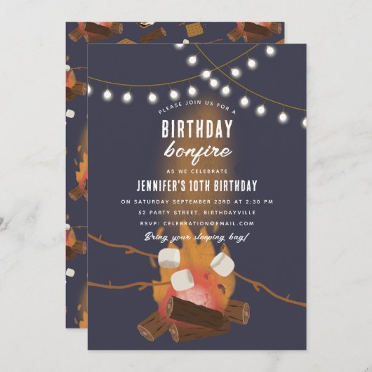 ボンファイア&キャンピングアウトドアキャンプファイアバースデーパーティー 招待状 (正面/裏面)