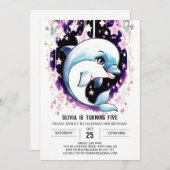 ボーお洒落ウォーター色ドルフィン誕生日 招待状 (正面/裏面)