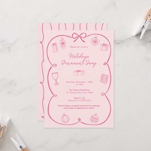 ボーお洒落ピンクホリデーズオーナメントスワップパーティー 招待状 (正面/裏面インサイチュ)