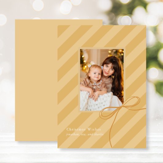 ボーかわいらしクリスマストライプスシンプルゴールデンフォト シーズンカード