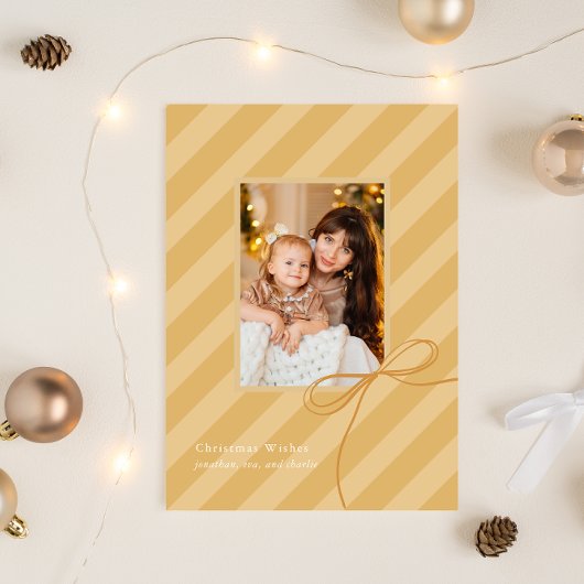 ボーかわいらしクリスマストライプスシンプルゴールデンフォト シーズンカード